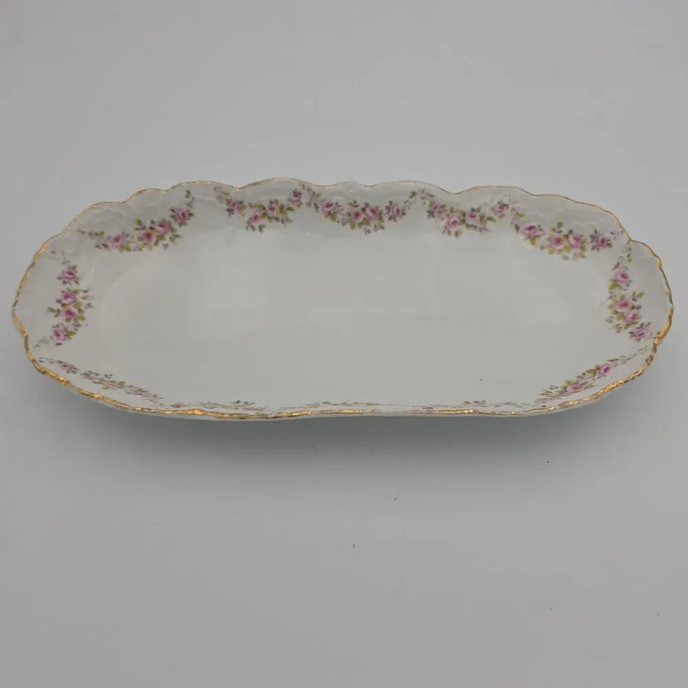 Antique Austria Karlsbad Porcelain Serving Tray Pink Roses Gold Gilt 12x6